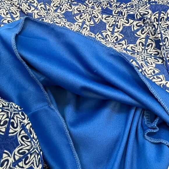 Blue Patterned Crochet Back Gathered Waist Long Dress M - Picture 9 of 10